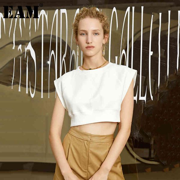 

[eam] women multicolor white yellow casual short t-shirt round neck sleeveless fashion spring summer 1dd8785 210512