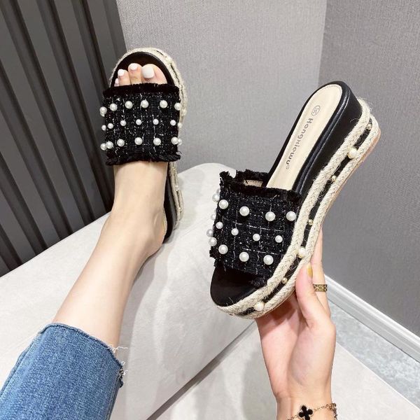 

sandals summer wedges heeled slippers women shoes, Black