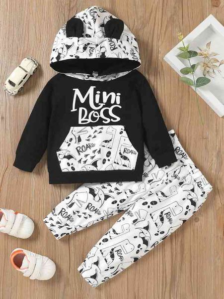 

baby cartoon and letter graphic 3d ears design hoodie & sweatpants she, White