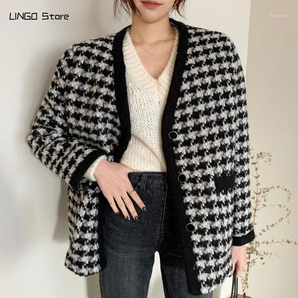

korea chic autumn winter retro v-neck single-breasted thick quilted warm black and white tweed women's jacket coat wool & blends