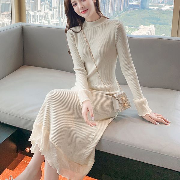 

dress women chiffon patchwork knitted autumn winter slim long sleeve elegant party female sweater christmas vestidos w2n0, Black;gray