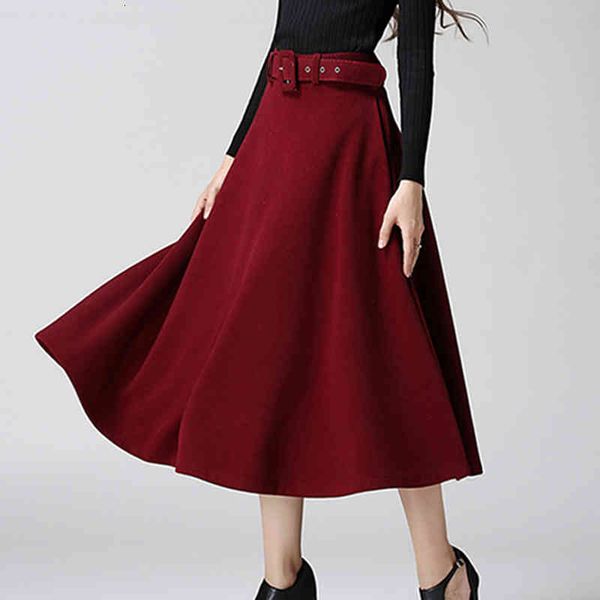 

skirts european winter woolen flare skirts with belt zipper women burgundy/mustard ankle-length maxi long a-line skirt, Black