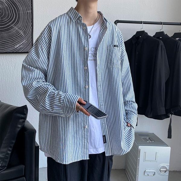

men's casual shirts japanese retro striped men black/blue fashion long sleeve shirt streetwear clothes 2021 autumn oversize 2xl, White;black