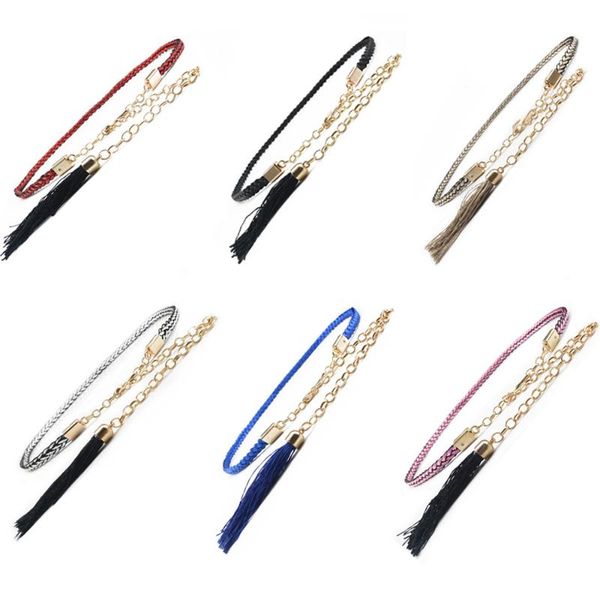 

belts women gold chain braided skinny tassels belt adjustable dress jeans waistband blthg0020, Black;brown