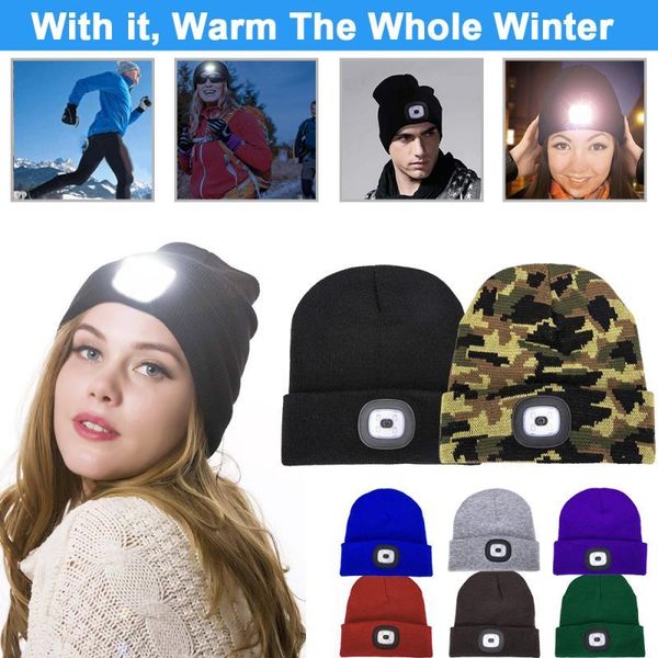 

lighted beanie cap hip hop men women knit hat hunting camping running flash headlight autumn winter warm outdoor hats, Black;white