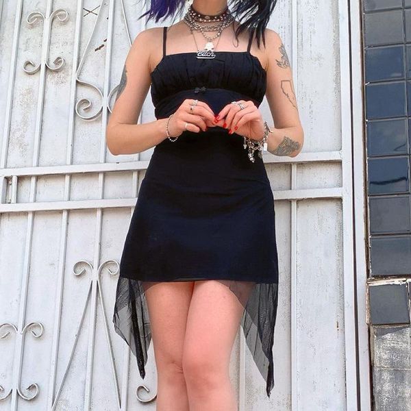 

casual dresses summer fashion cute slim sml patchwork mesh backless black woman spaghetti strap dress lady asymmetrical, Black;gray
