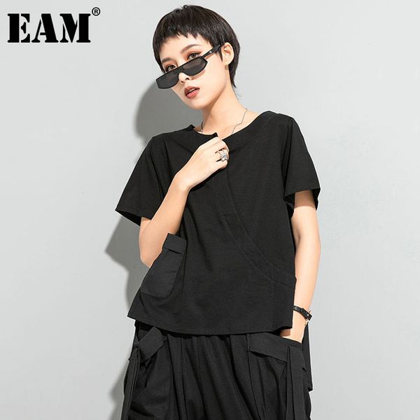 

[eam] women big size casual black back long pocket t-shirt round neck short sleeve loose fashion summer 1dd7605 210512, White