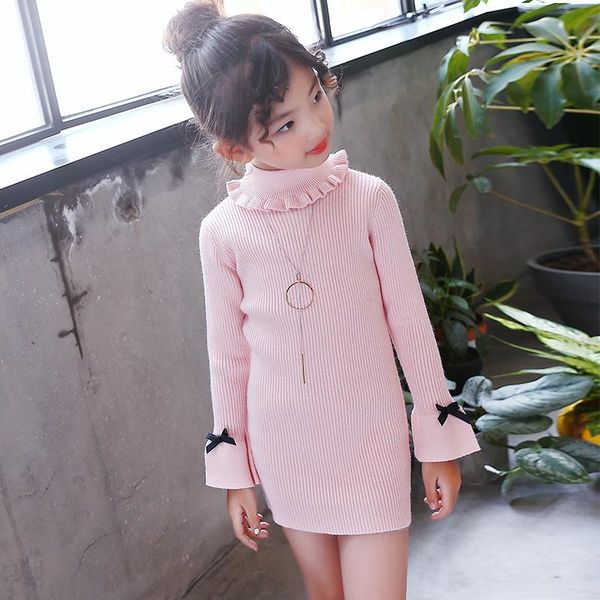 

girl's dresses little girls sweater winter knitting kids girl long sweaters 2021 fall big high neck dress, Red;yellow
