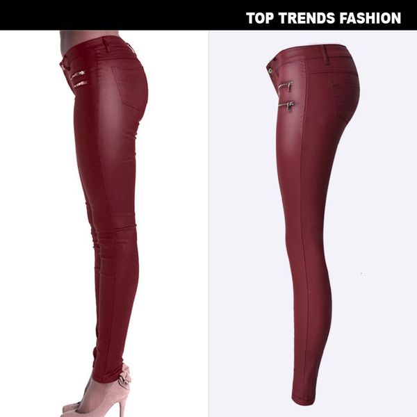 

new fashion women's low-waist elastic pencil trousers tight pu coating imitate leather pants with plus size, Black;white