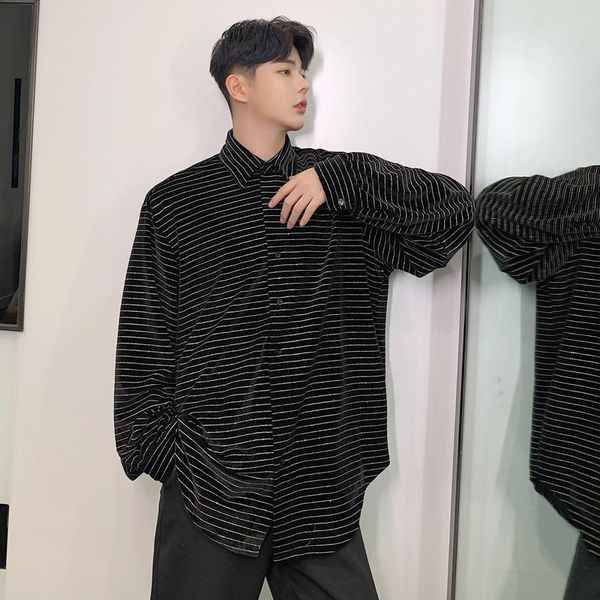 

men's casual shirts men streetwear hip hop punk gothic vintage fashion loose long sleeve shining stripe shirt male stage show costumes, White;black