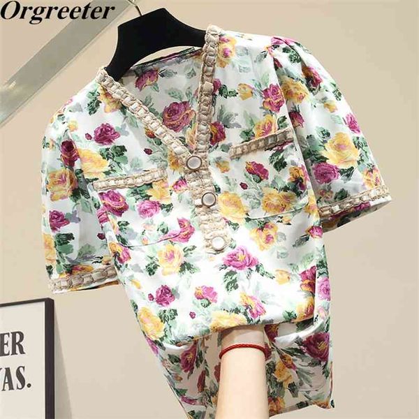 

prairie chic retro woven trim v-neck floral printting short-sleeved tshirt button decoration plus size blouse women's 210602, White
