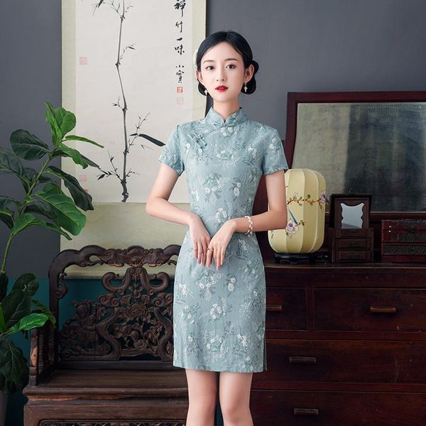 

ethnic clothing tight short women cheomgsam elegant cotton qipao print flower chinese traditional dress slim vintage button vestidos go, Red