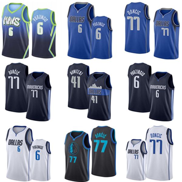 

77 doncic kristaps 6 porzingis basketball jersey mens dirk 41 nowitzki jerseys city bule white shirt, Black;red