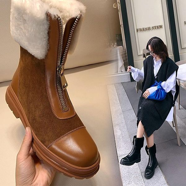 

boots winter women short temperament fashion snow plush warm casual zipper black brown size 33-40