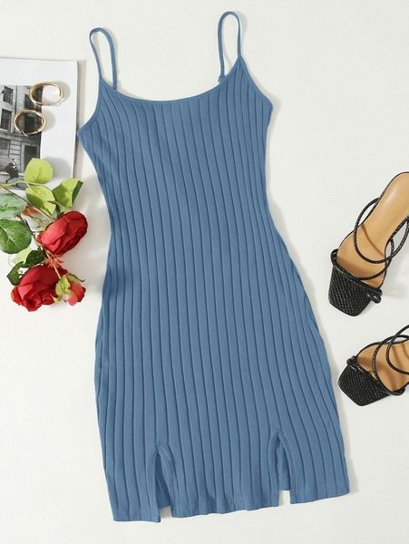 

ribbed cami -slit bodycon mini dress q2t6#, Black;gray