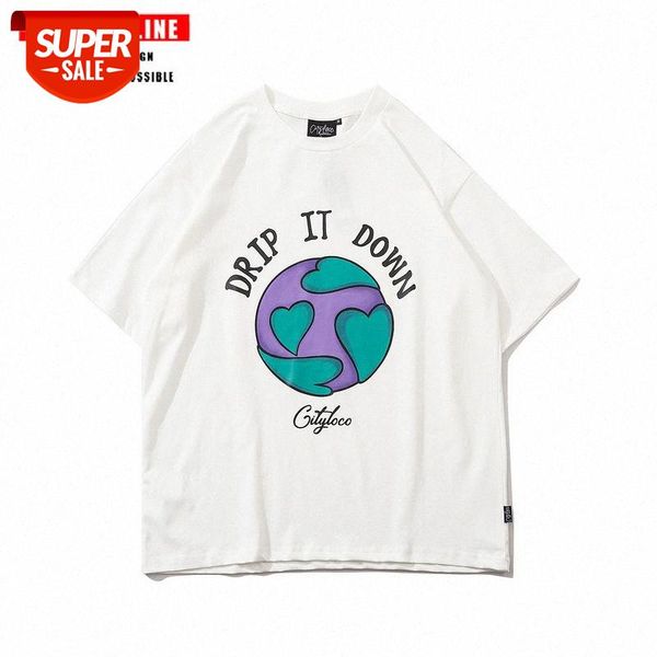 

retro street cartoon love earth print short-sleeved t-shirt men and women loose hip-hop tide brand couple compassionate #xs6f, White;black