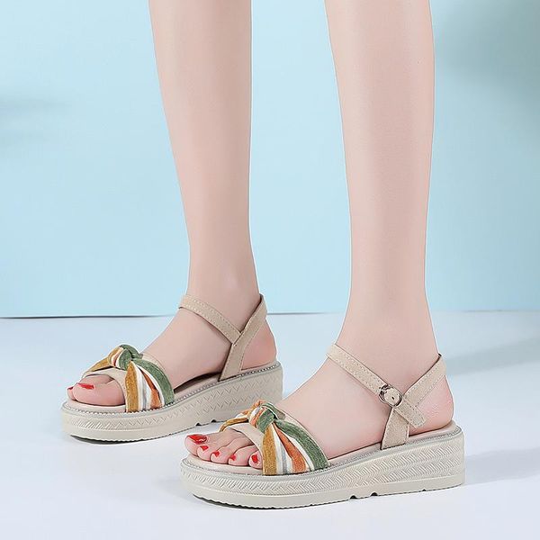 

platform shoes women sandals flats heels butterfly-knot buckle thick soled beach sandalias de las mujeres, Black