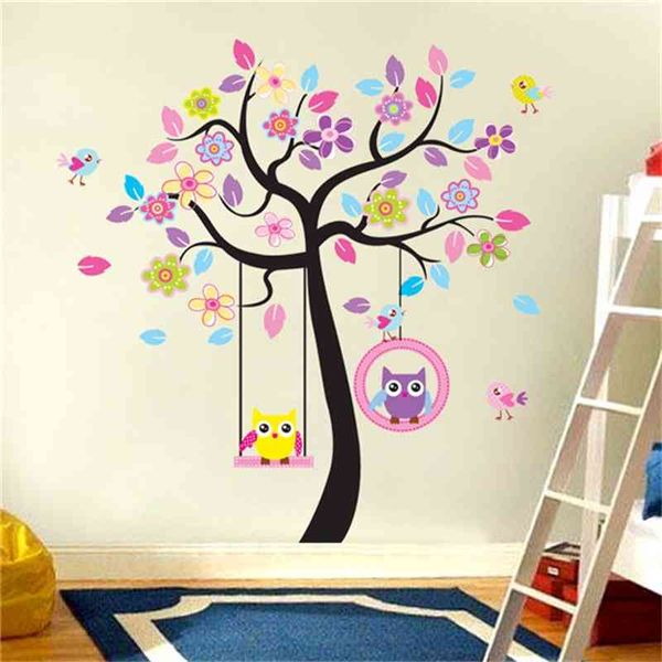 Rosa albero altalena gufo camera dei bambini di adesivi murali ornamento domestico negli adesivi murali sul muro 210420