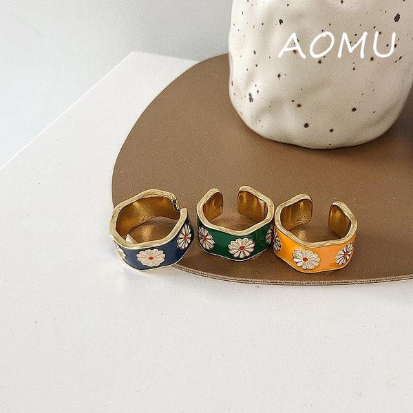 

wedding rings aomu 2021 french baroque vintage colorful enamel metal flower spray paint small daisy opening ring for women jewelry, Slivery;golden