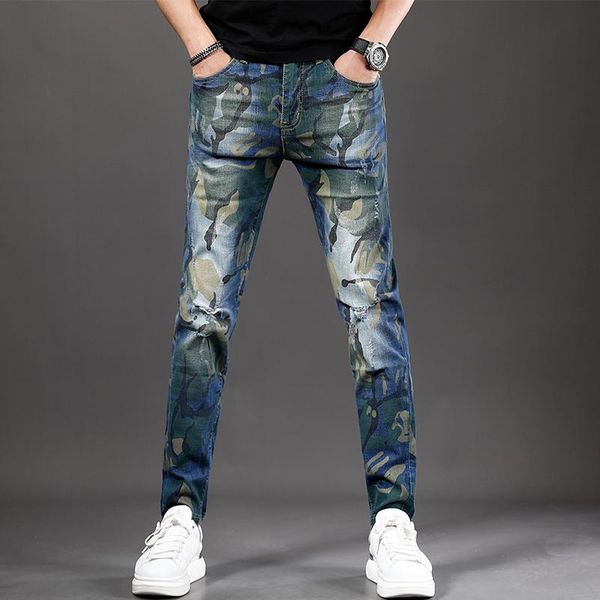 

men's jeans summer blue camouflage men slim fit ripped jean pants fashion casual lightweight stretch denim trousers