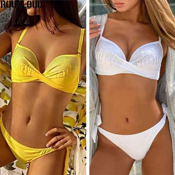 

bikinis swimwear women swimsuit push up bikini set solid color shiny swimming suit two-pieces bathing 210722, White;black