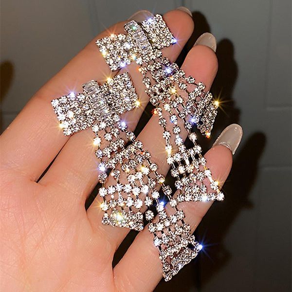 

korean style bowknot rhinestone dangle earrings for women long tassel crystal weddings party jewelry accessories & chandelier, Silver