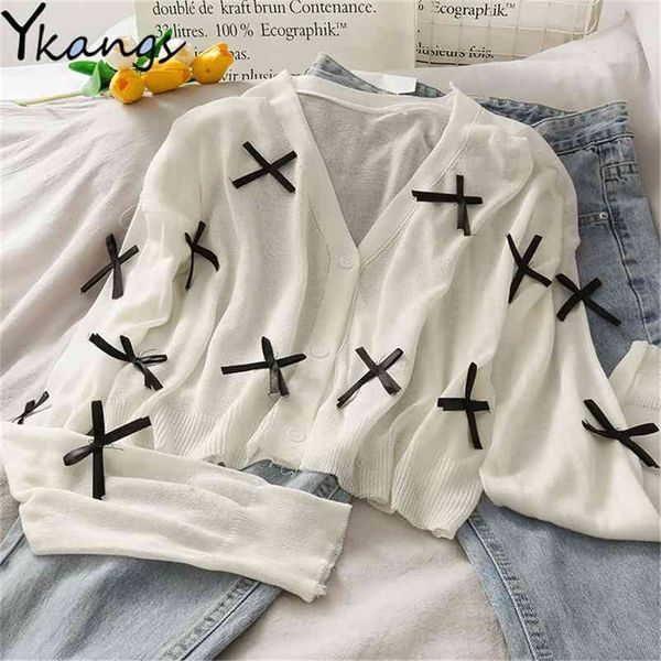 Kawaii Malha de Verão Fina Cardigan Camisola Casaco Mulheres De Malha Curto Bowknots Single-Breasted White Tops Sun Protection Streetwear 210421