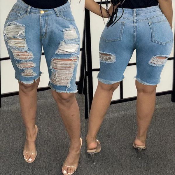 

women's jeans 2021 five-point pants casual ripped women overalls, Blue