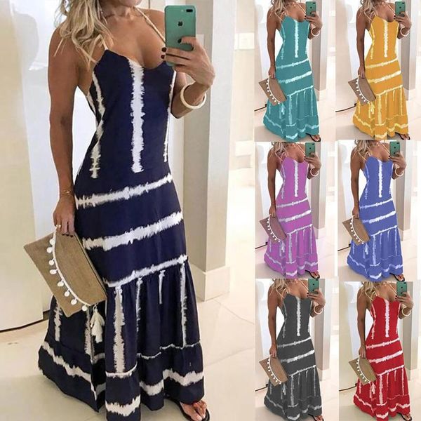 

casual dresses women loose o-neck solid color simple style suspender printed maxi dress ladies evening spaghetti strap party sundress, Black;gray