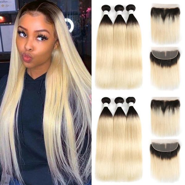 

human hair bulks brazilian straight bundles with frontal ombre blonde 1b/613 weave closure remy extension, Black
