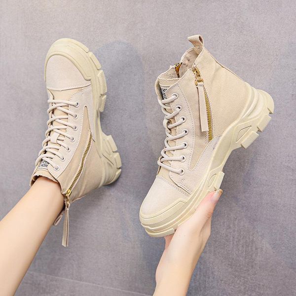 

boots autumn spring combat women canvas ankle hiker chunky army lace up thick sole military platform ladies, Black