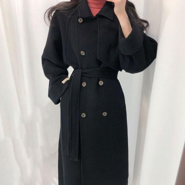 

women's wool & blends [ewq] winter over knee style turn-down collar long-sleeved solid color straight minimalist woolen overcoat with b, Black