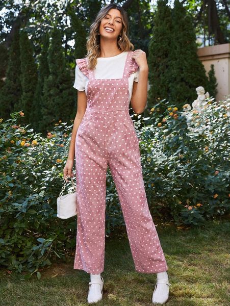 

polka dot ruffle strap jumpsuit without a4xn#, White