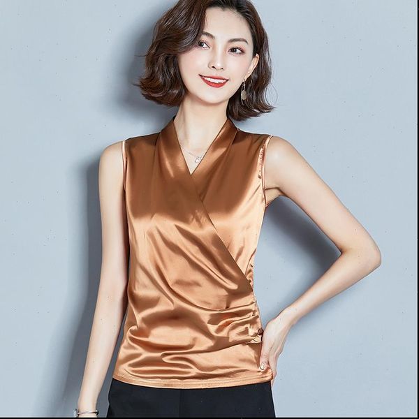 

korean fashion silk satin sleeveless womens blouses pink plus size xxxl and ladies, White