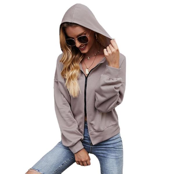 

women's jackets foreign trade solid color high waist hooded zip cardigan fashion autumn long sleeve sweater coat top, Black;brown