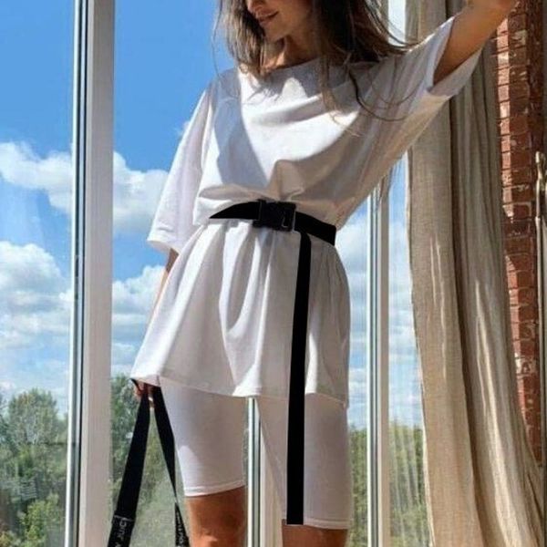 

women fashion suits with belt wild stylish streetwear chic solid color home loose sports casual female two-piece suits 210422, White