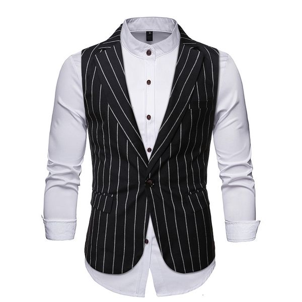 

men's vests men spring fall formal business casual stripe black vest notch lapel unique breasted life daily prom feast, Black;white