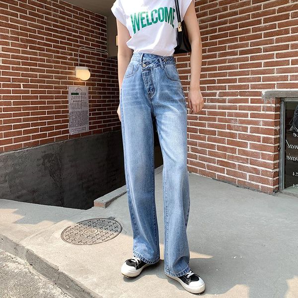 

women's jeans lrregular straight denim wide leg pants high waist light blue for women streetwear harajuku loose long boyfriend