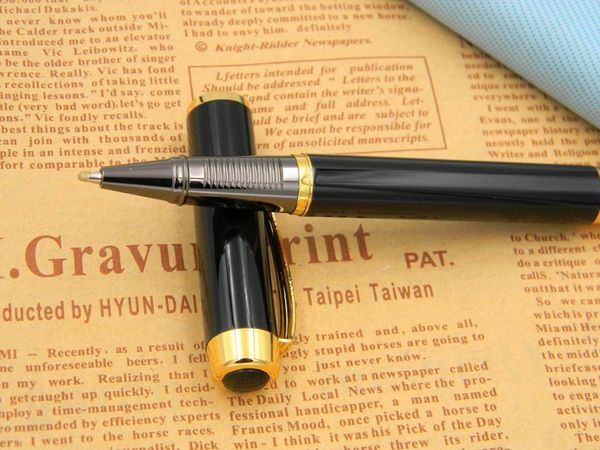 

black and golden trim gun rollerball pen ballpoint pens, Blue;orange
