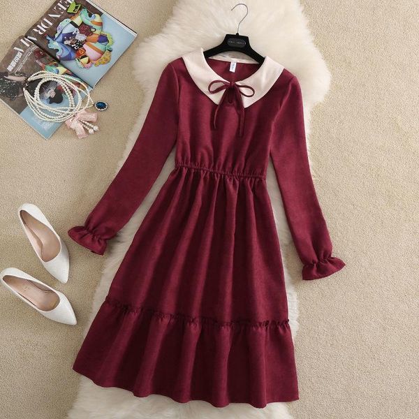 

casual dresses 2021 women autumn winter vintage corduroy dress female bow slim mid-long vistido lady elegant lace up pleated g99, Black;gray