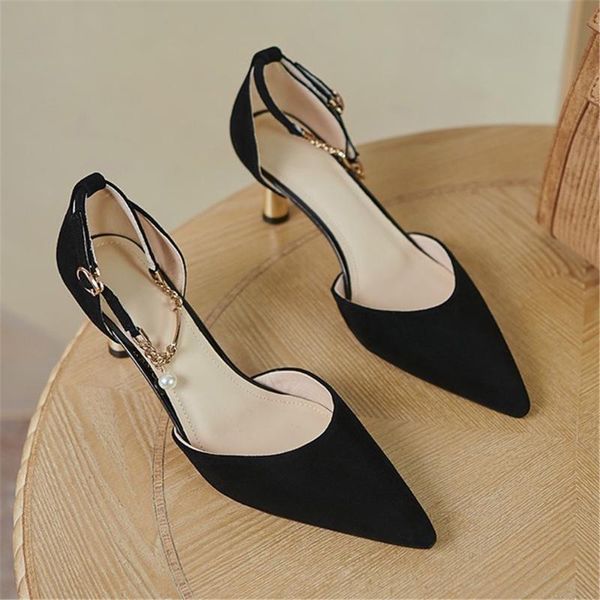 

dress shoes 6cm designer brand sandals stiletto pointed suede buckle with metal chain high heels womens andals zapatos de mujer pumps, Black