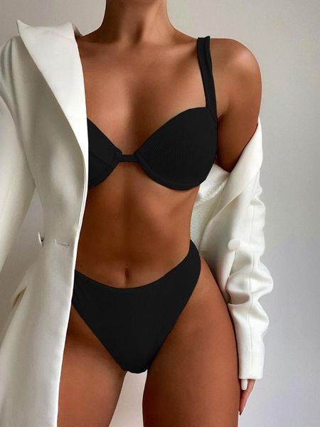 

women's swimwear high cut bikini push up swimsuit female women summer solid set with bra cup bather bathing suit swim lady, White;black