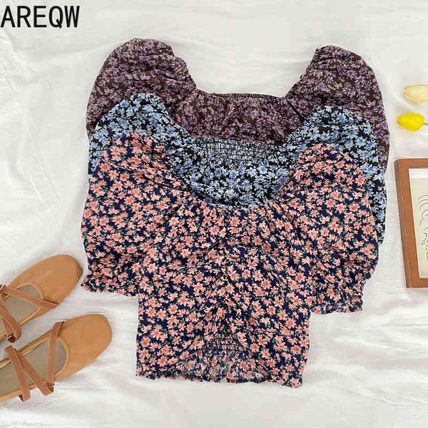 

summer retro all-match french floral slim puff sleeve short shirt women blouse 210507, White