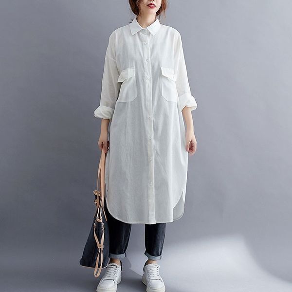 

oversized women cotton linen casual shirts new autumn simple style loose comfortable ladies elegant long shirt s1923 210412, White