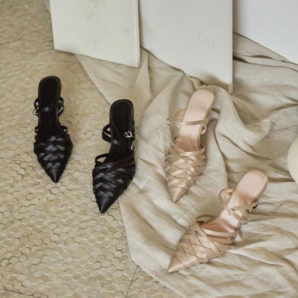 

summer women silk fashion sandals pointed genuine leather shoes cowhide dance party dress, Black