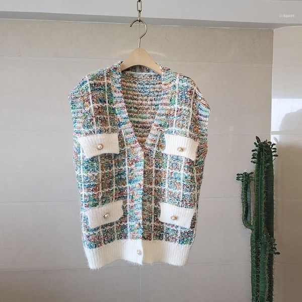 

autumn and winter coat female color lattice woven knit vest1, Black;white