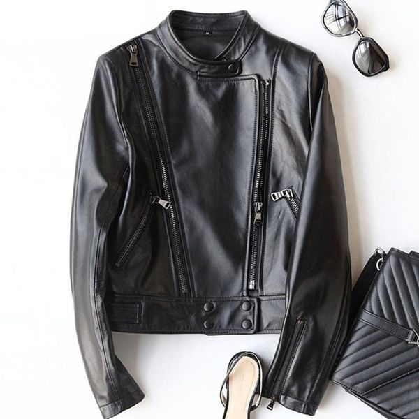 

women's leather & faux spring 2021 superior quality genuine jacket sheepskin coat for women short motorcycle real jackets outwear, Black