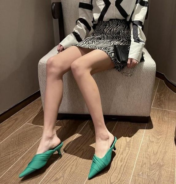 

early spring pointed pleated toe half slippers women's thin heel fashion muller shoes, Black