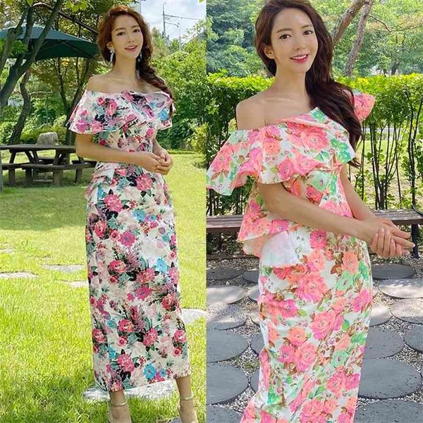 Off Ombro Longa Maxi Vestido para Mulheres Plissagem de Verão Sem Mangas Pescoço Slash Sexy Laides Elegante Impressão Coreia Vestidos 210602