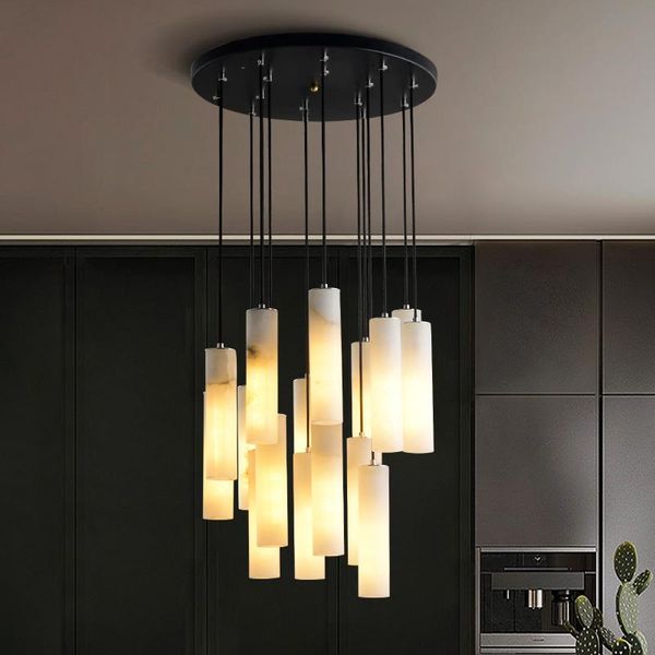 

pendant lamps stair long chandelier duplex floor living room large modern minimalist villa loft spiral staircase marble